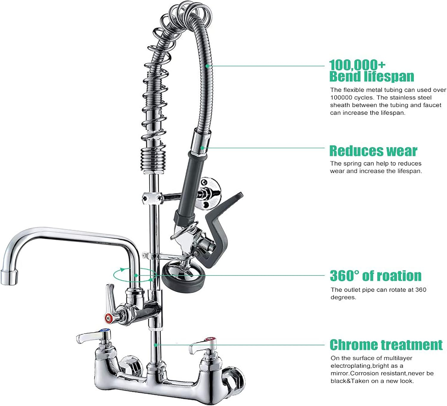 Commercial Chrome Brass Wall Mount Kitchen Faucet with Pull-out Spray