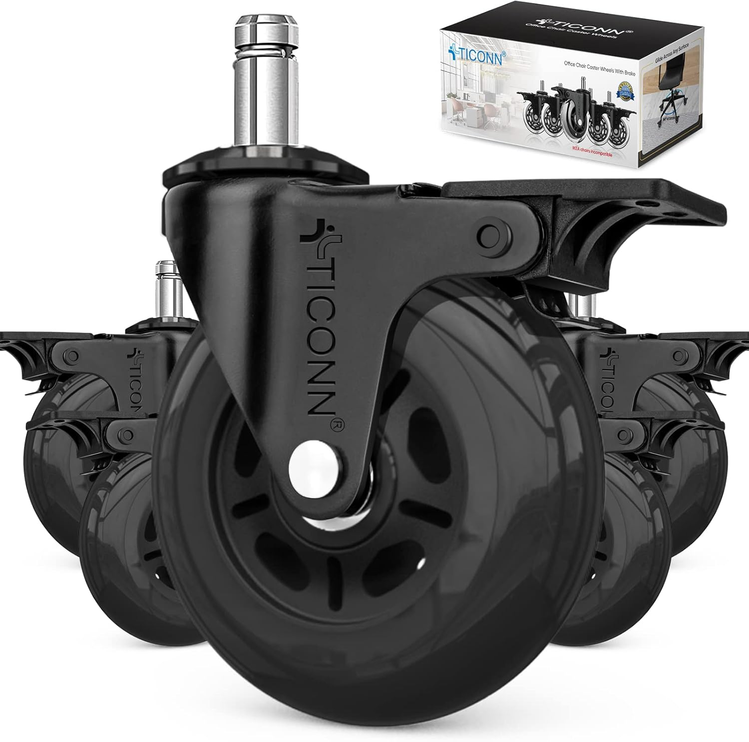 TICONN Office Chair Caster Wheels Set of 5 for Tile, Hardwood Floors and Carpets, Universal Fit for Most Chairs (Black)