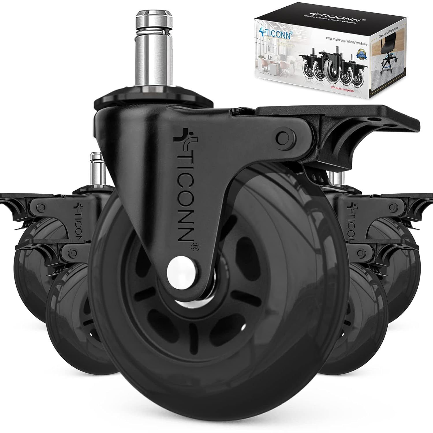 TICONN Office Chair Caster Wheels Set of 5 for Tile, Hardwood Floors and Carpets, Universal Fit for Most Chairs (Black)