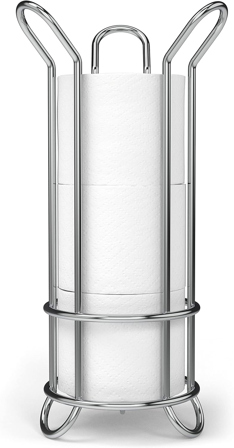 BROOKSTONE, Chrome Toilet Paper Holder, Freestanding Bathroom Tissue Organizer, Minimalistic Storage Solution, Stylish Design [Holds MEGA Rolls]