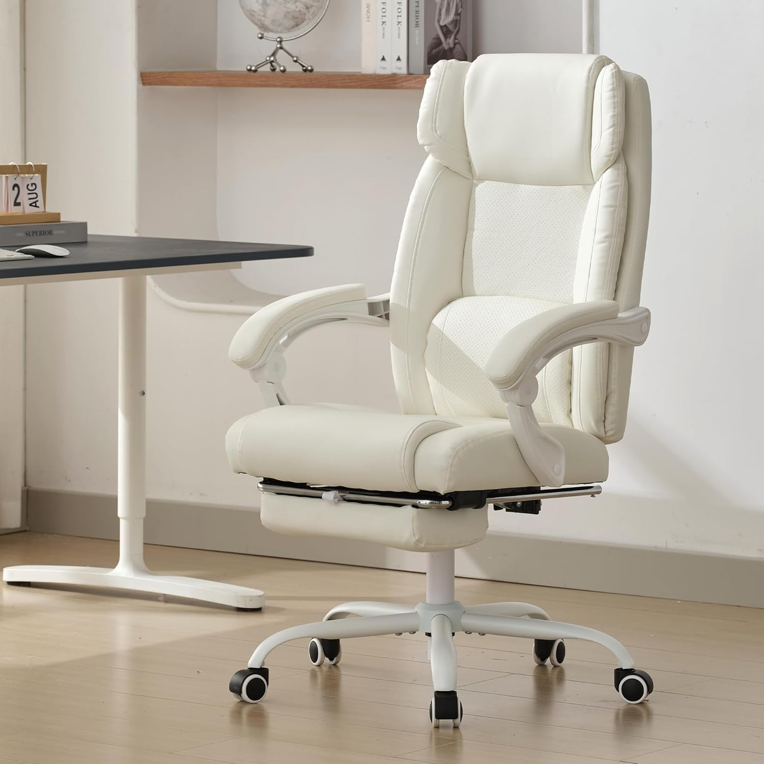 Executive Office Chair with Footrest,90-155°Adjustable Reclining Office Chair,Thick Leather Chair with Lumbar Support,Ergonomic Computer Desk Chair Comfy for Home Office (Cream White)