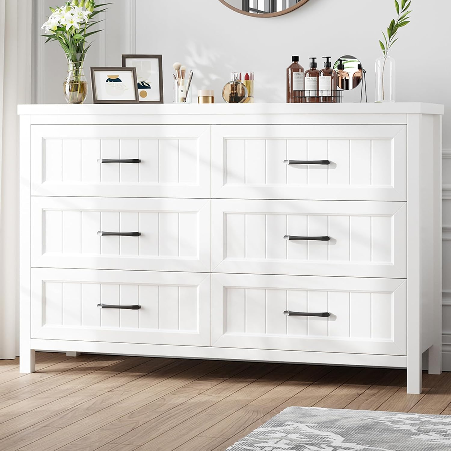 6 Drawer Dresser for Bedroom, Farmhouse Dresser with Deep Drawers, Large White Dresser Wooden Double Dresser Chest of Drawers for Living Room, Hallway, Entryway (White, 6 Drawer)