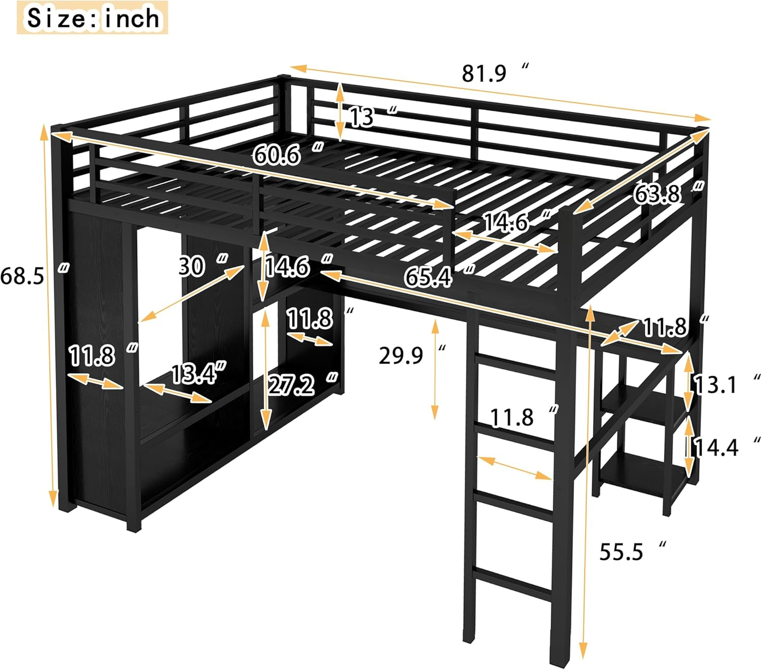 Bellemave Queen Size Loft Bed with Desk and Wardrobe Metal Loft Bed with Storage Shelves Loft Bed Frame with Guardrails for Kids, Teens, No Box Spring Needed (Queen, Black)