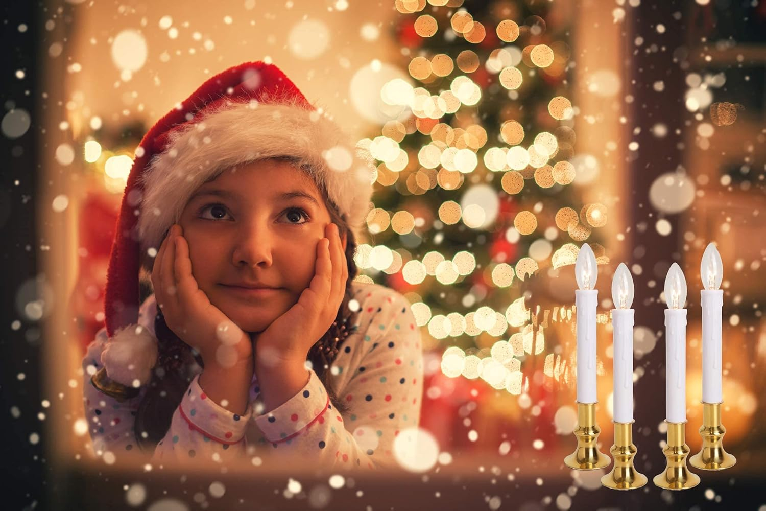 Window Candles with Timer – Electric LED Christmas Candles for Windows, Brass Base with Extra Weight, UL Listed (Set of 4) + 2 Replacement Bulbs