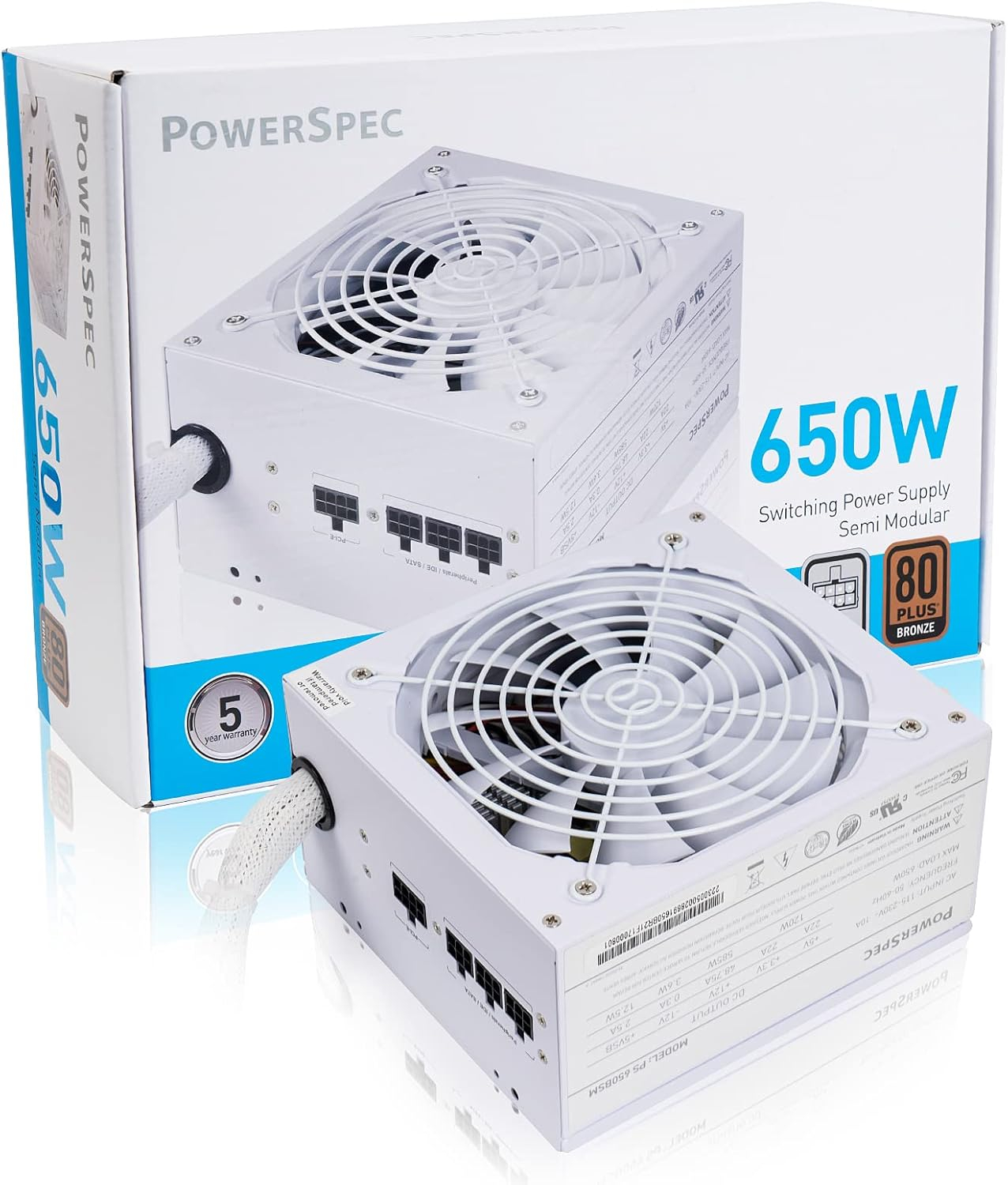 PowerSpec 650W Power Supply Semi Modular 80 Plus Bronze Certified ATX PSU Active PFC SLI Crossfire Ready Gaming PC Computer Power Supplies, PS 650BSM(White Edition)
