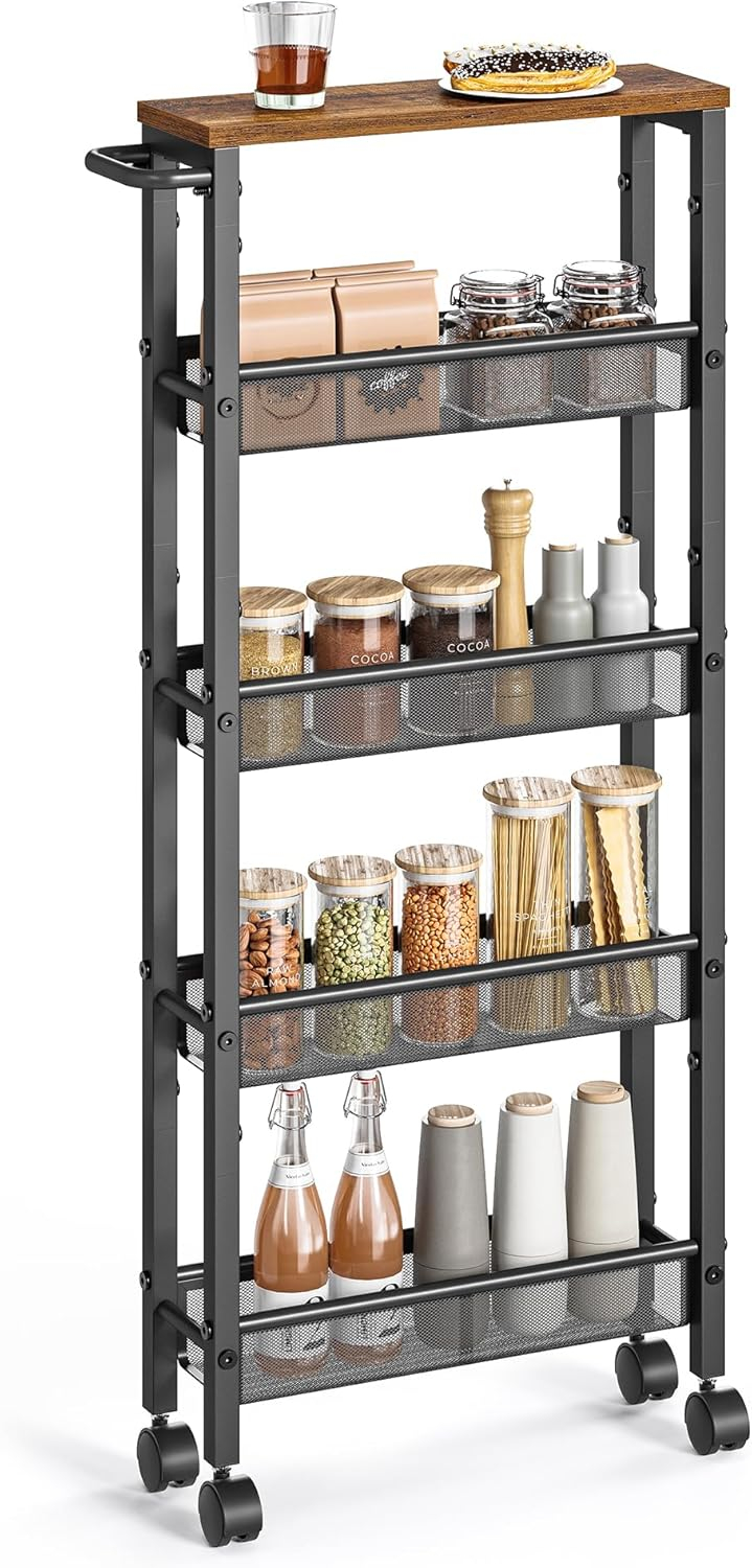 NANANARDOSO 4 Tier Slim Storage Cart, Shelving Unit for Small Space, Rolling Cart with Wooden Top and Metal Handle for Narrow Space on Kitchen, Bathroom, Laundry Room, Black.