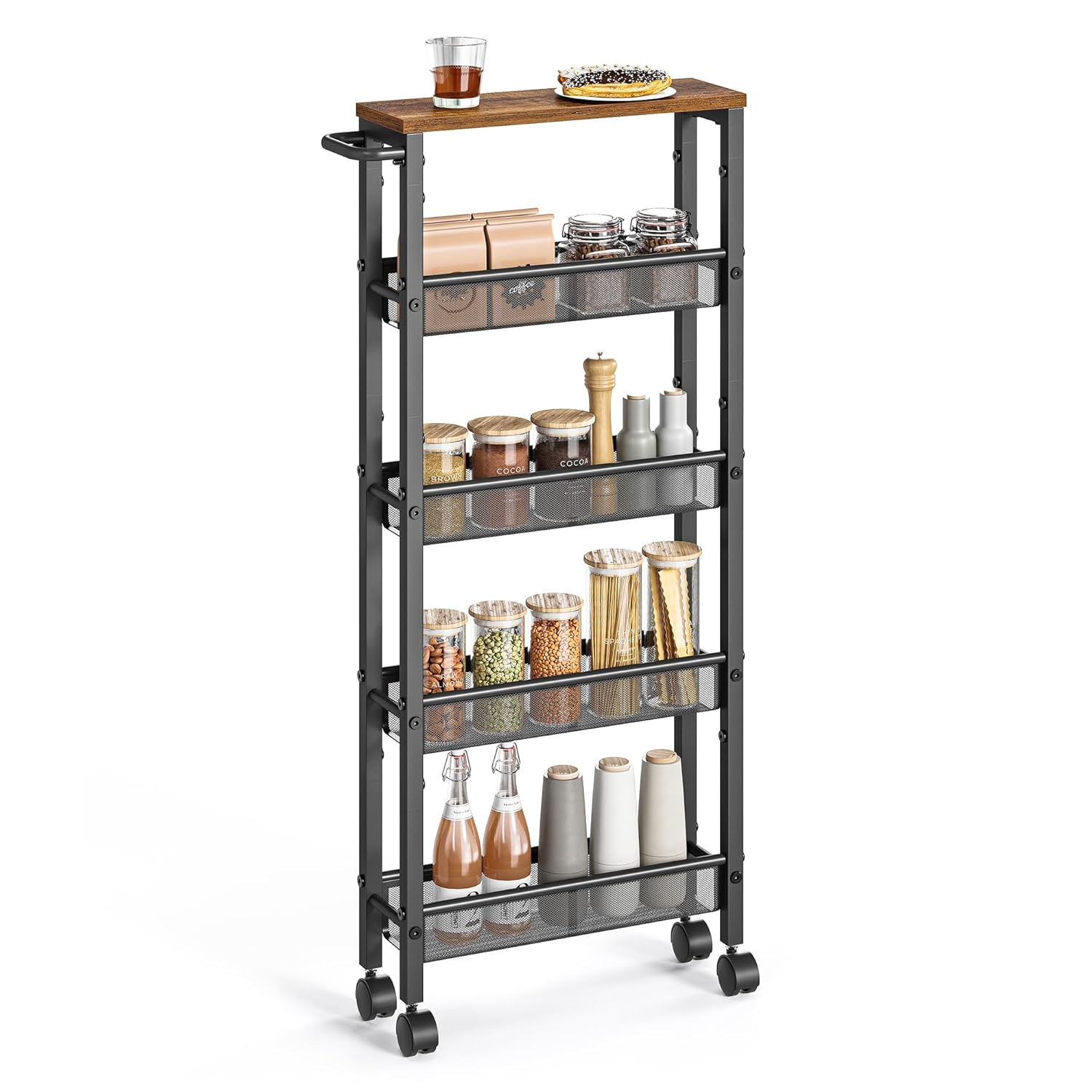 NANANARDOSO 4 Tier Slim Storage Cart, Shelving Unit for Small Space, Rolling Cart with Wooden Top and Metal Handle for Narrow Space on Kitchen, Bathroom, Laundry Room, Black.
