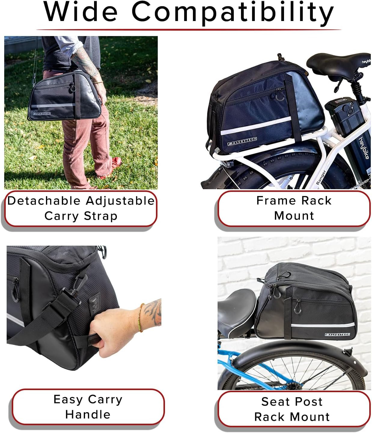 AlveyTech XL Rear Rack Bag for Bicycle and eBike - Water-Resistant 12L Bike Trunk Bag, Bags for Bicycles Rear Rack, Back Seat Rack Bags for Bikes and e-Bikes, Large Cargo Storage Carrier for Cycling