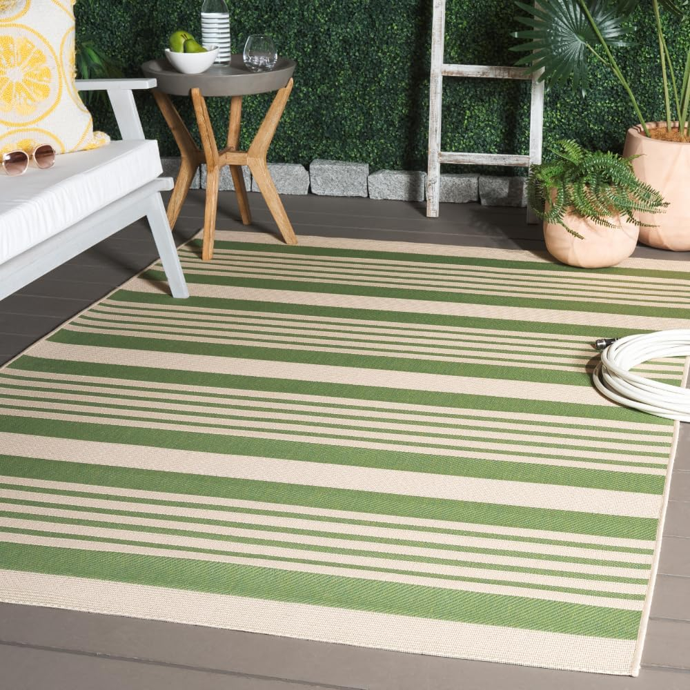 SAFAVIEH Courtyard Caroline Striped Indoor/Outdoor Area Rug, 4' x 5'7", Green/Beige