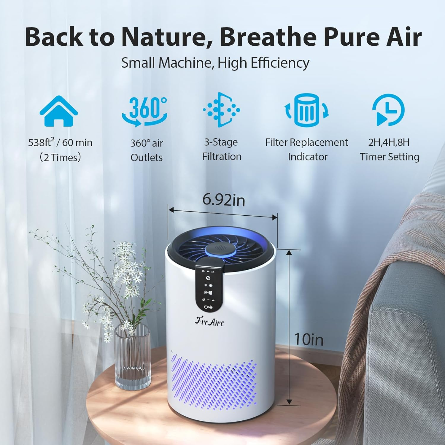 FreAire Air Purifiers for Home, Air Purifier for Bedroom Up to 538 Ft²/h, Room air purifier with 3-in-1 Filter for Dust Dander Odors Smoke, Small Air Purifier with Timer, Sleep Mode for Office Bedroom