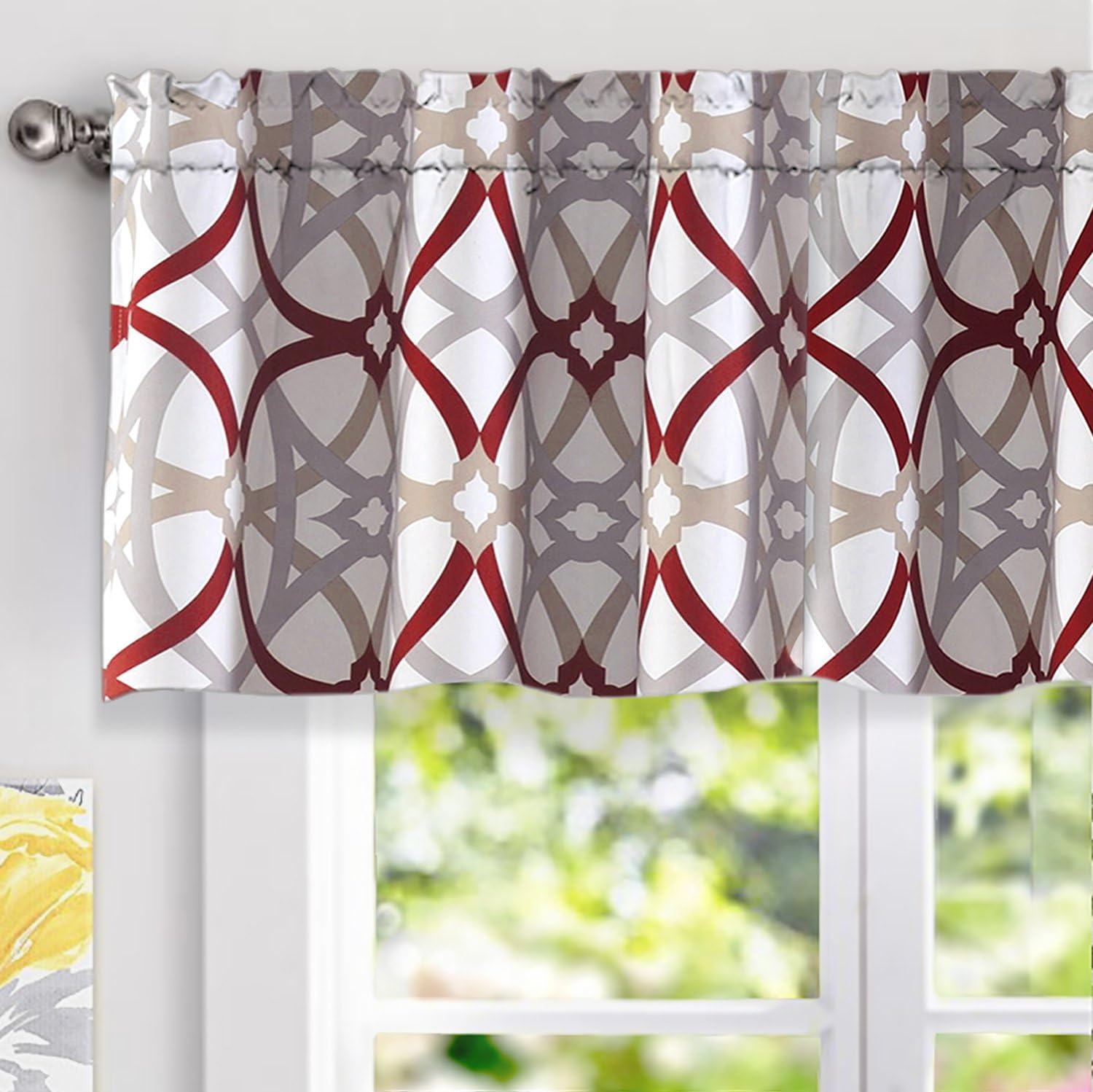 DriftAway Alexander Spiral Geo Trellis Pattern Window Curtain Valance Rod Pocket 52 Inch by 18 Inch Plus 2 Inch Header Red and Gray