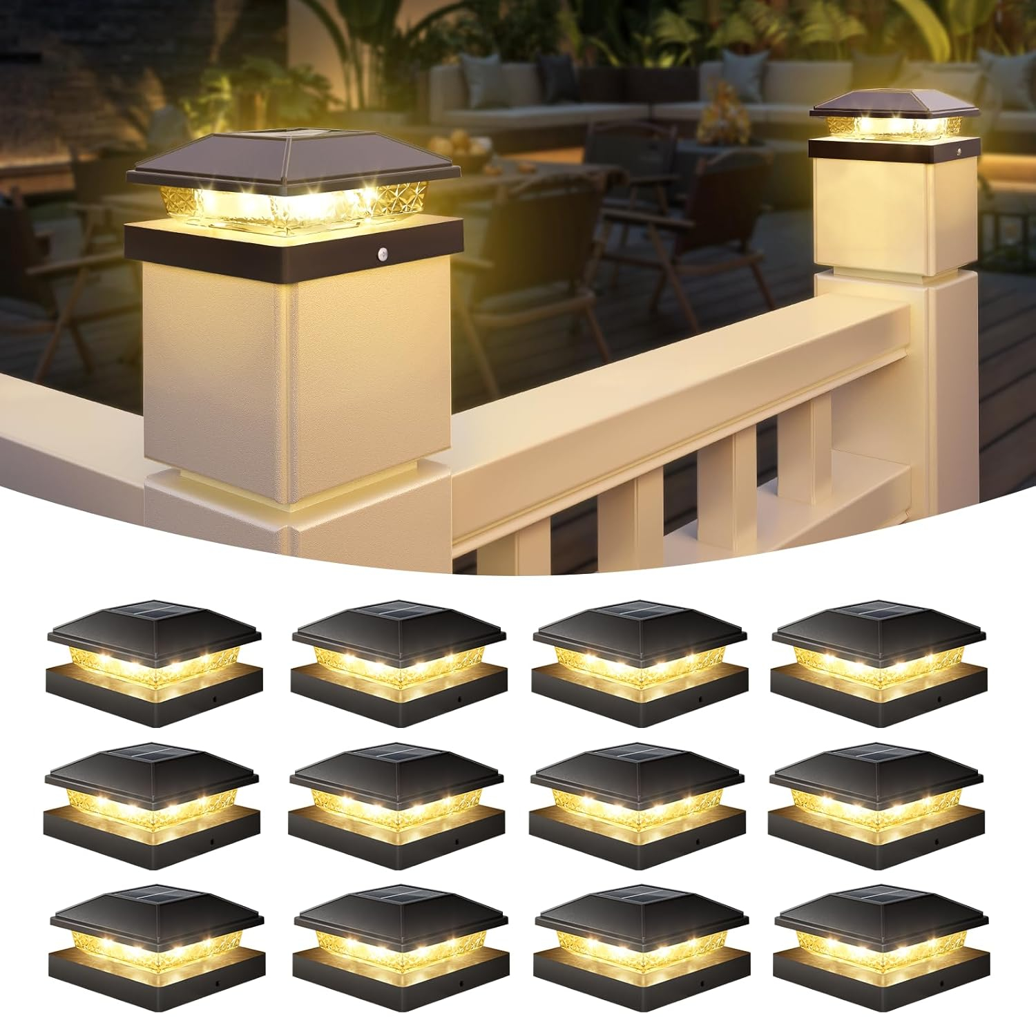 VOLISUN 4x4 Solar Fence - Post Lights Outdoor Waterproof 12pack, Deck Cap Light for 4x4 Wooden/4x4 Vinyl,Black Solar Fence Post Cap Light for Garden/Patio/Porch