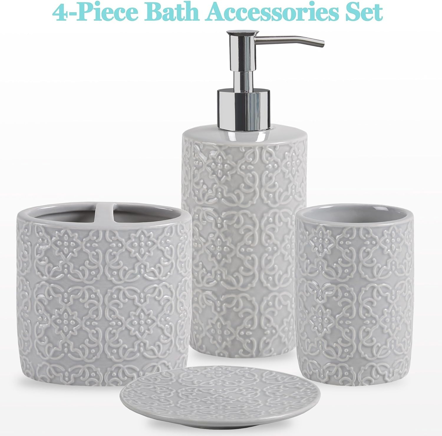 Martha Stewart Ceramic Bathroom Accessories Set, Vanity Decor Storage Organizer, Embossed Damask Medallion, Lotion/Soap Dispenser, Toothbrush Holder, Tumbler, Trinket Dish, Assorted Sizes Grey