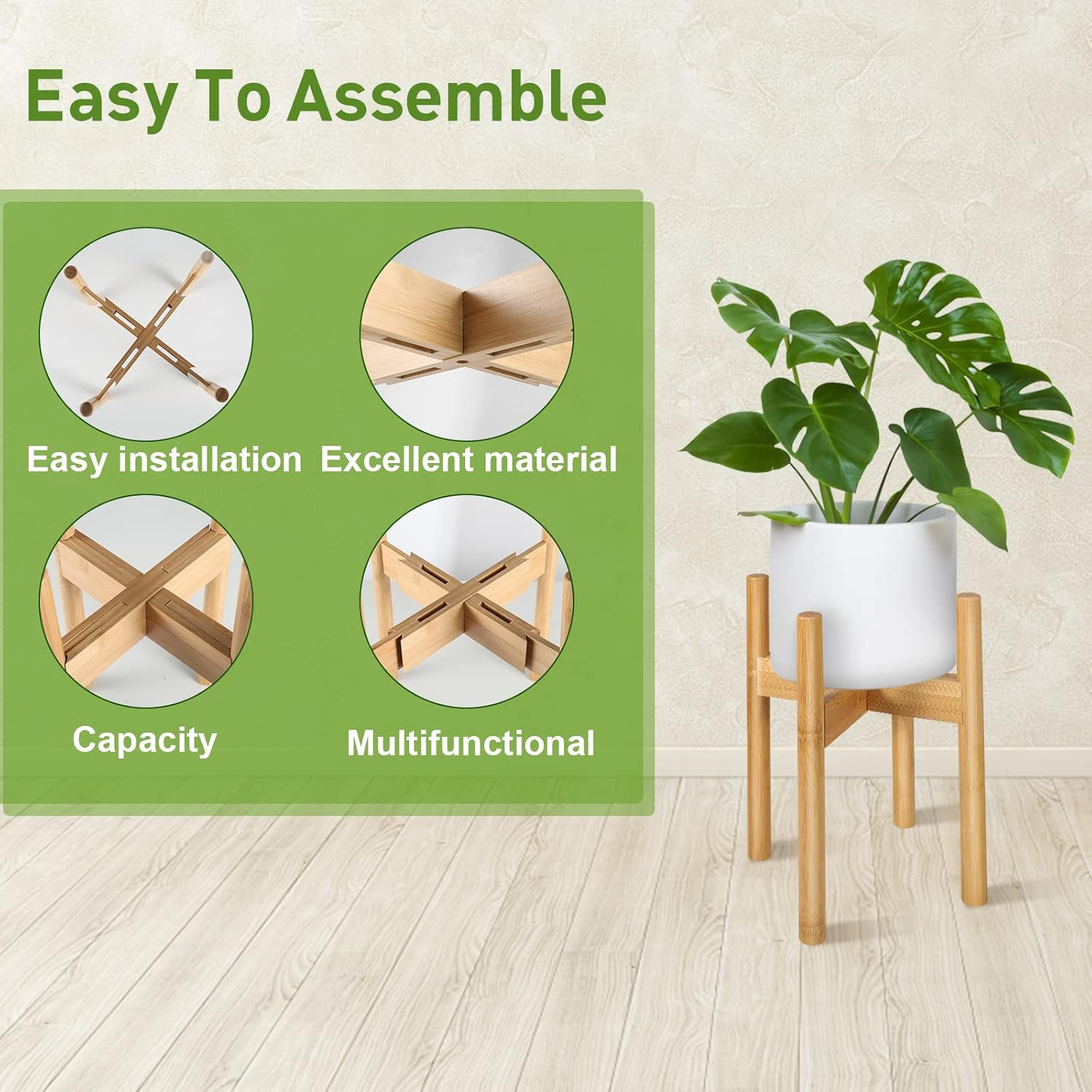 2 Pack Bamboo Plant Stands, Adjustable Plant Stand Indoor, Mid Century Modern Plant Stand, Plant Holder for Living Room, Balcony Fits 8 to 12 Inches Pots (Beige)