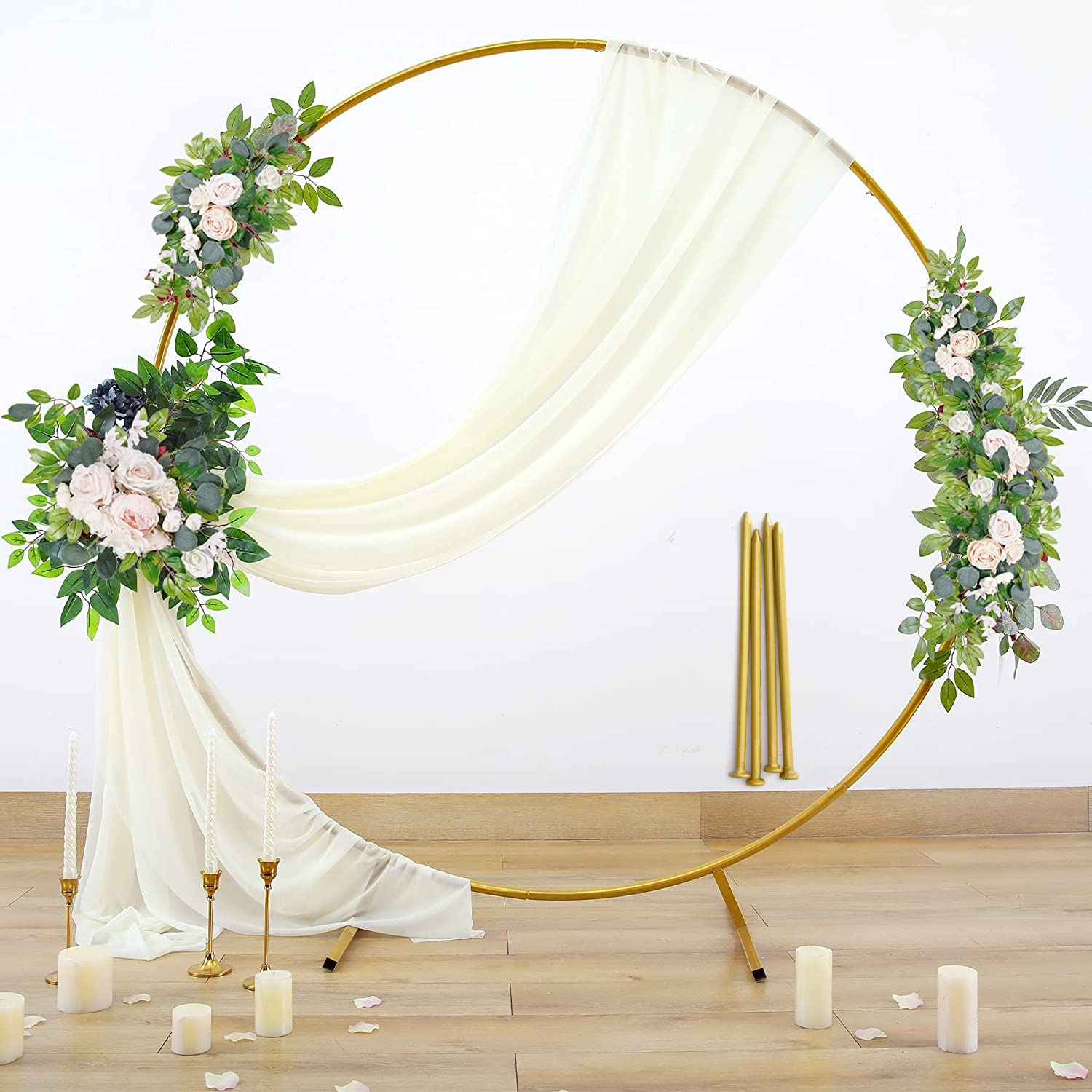 GARFANS Round Backdrop Stand 6.56FT Metal Gold Wedding Arch with Support Feet Nails Circle Balloon Arch Stand Garden Arbor Frame for Wedding Birthday Party Baby Shower Photo Background Ceremony Decor