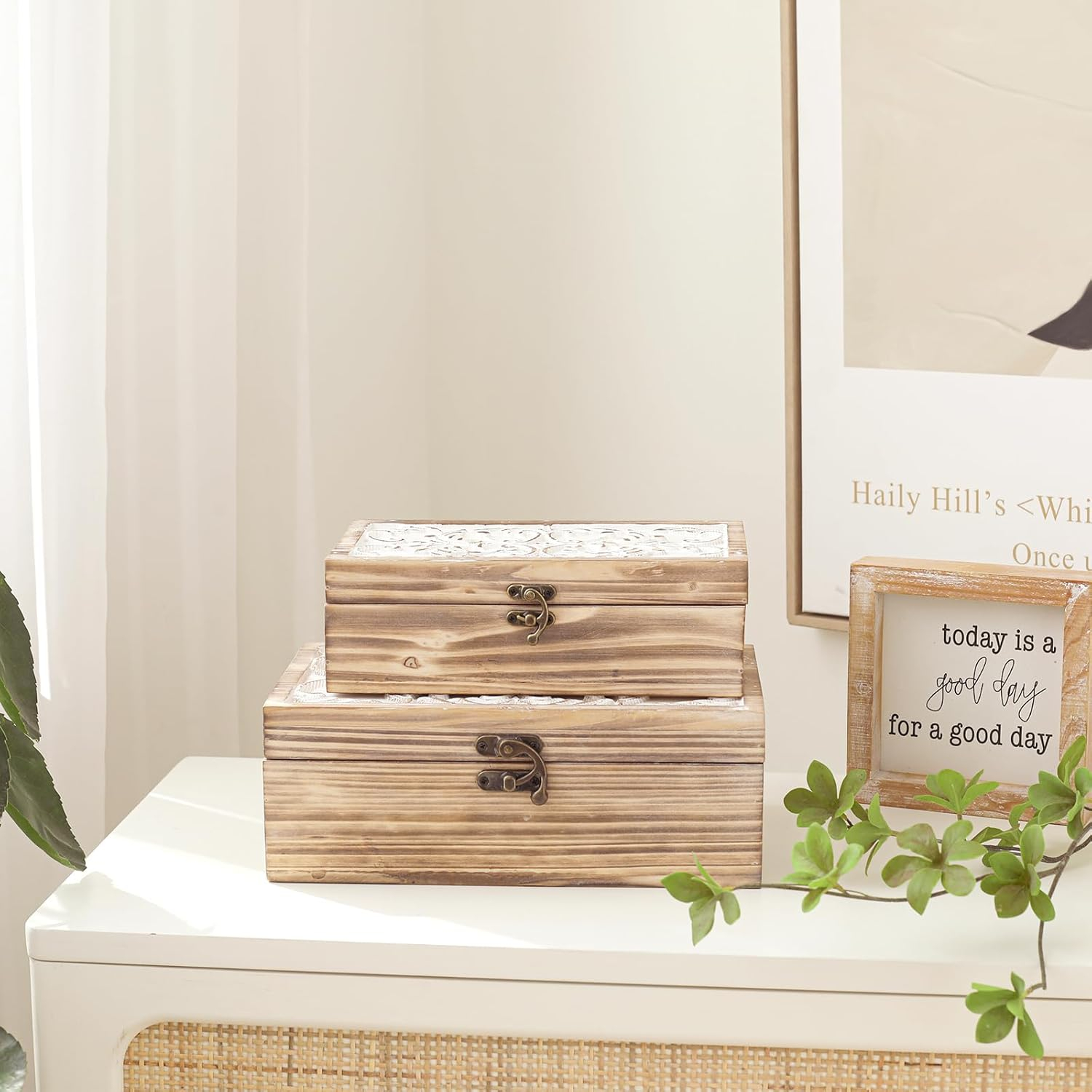 Wooden Box Set of 2 - Rustic Farmhouse Decorative Boxes with Hinged Lid and Carved Design