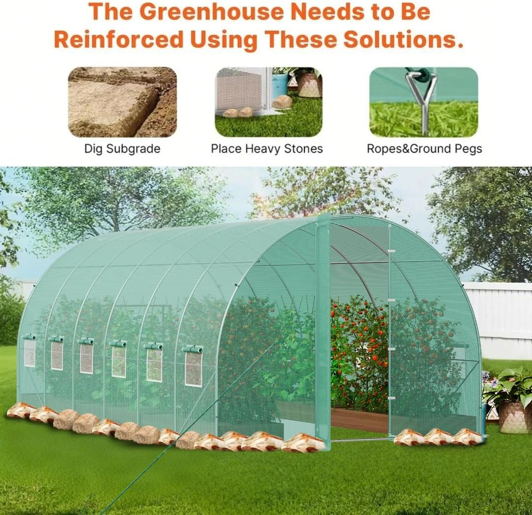 Walk-in Tunnel Greenhouse 19.4 x 9.7 x 7.4 ft. Hoop House Greenhouse Tunnel, with Galvanized Steel Frame, Green PE Cover