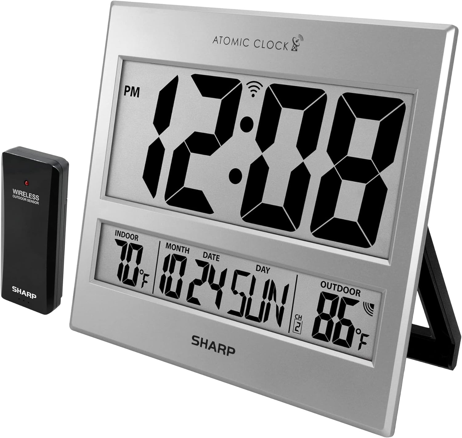 Sharp Atomic Clock - Jumbo 3" Easy to Read Numbers - Never Needs Setting!  - Indoor/ Outdoor Temperature Display with Wireless Outdoor Sensor - Silver