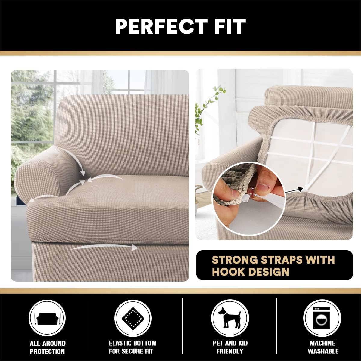 PrinceDeco T Cushion Sofa Slipcover 4 Pieces Sofa Covers for T Cushion Sofa Soft Couch Cover Sofa Slip Covers Furniture Covers with 3 Individual T Cushion Shape Seat Covers Machine Washable, Sand