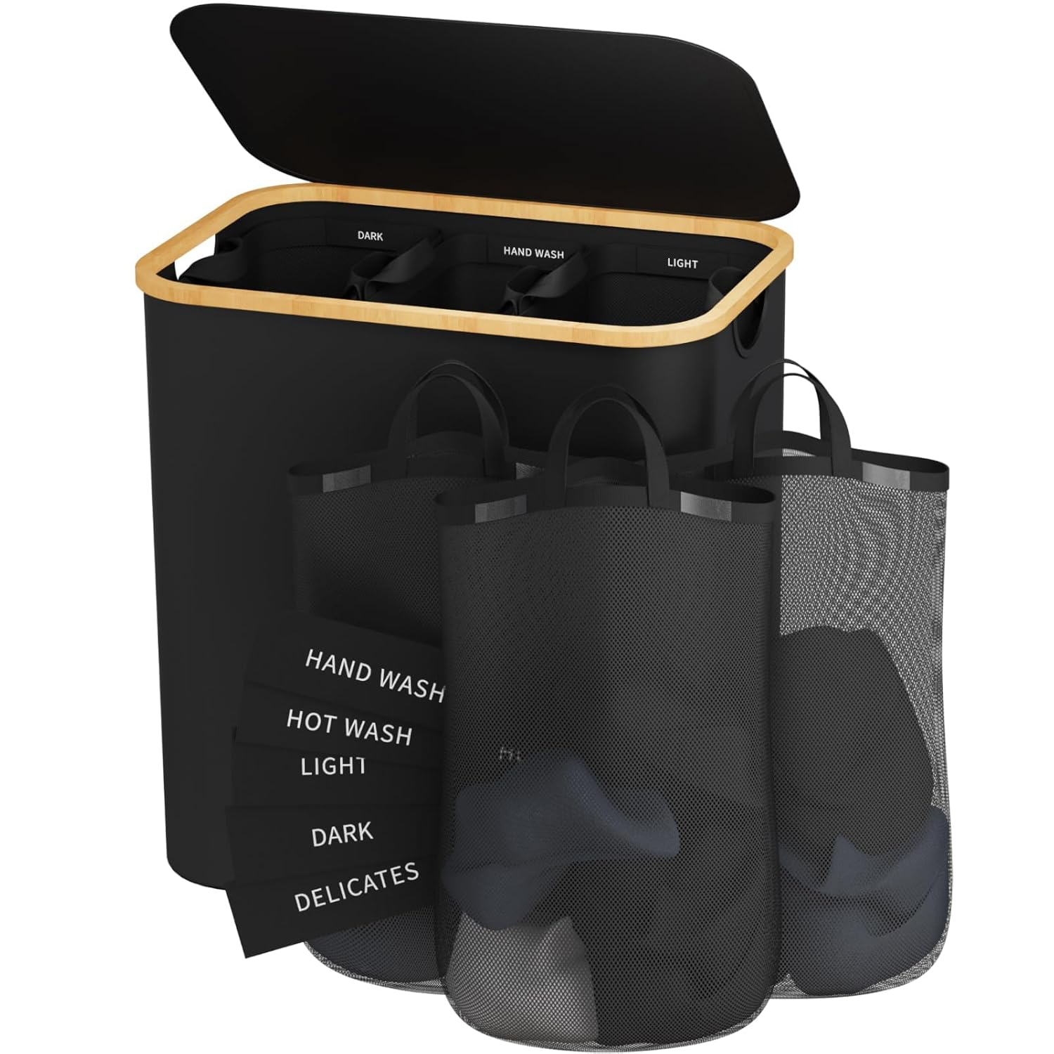 Hampers for Laundry Basket with Lid, 145L Extra Large 3 Section Clothes Divided Organizer for Bedroom, Laundry Room, Dirty Clothing Hamper, Black