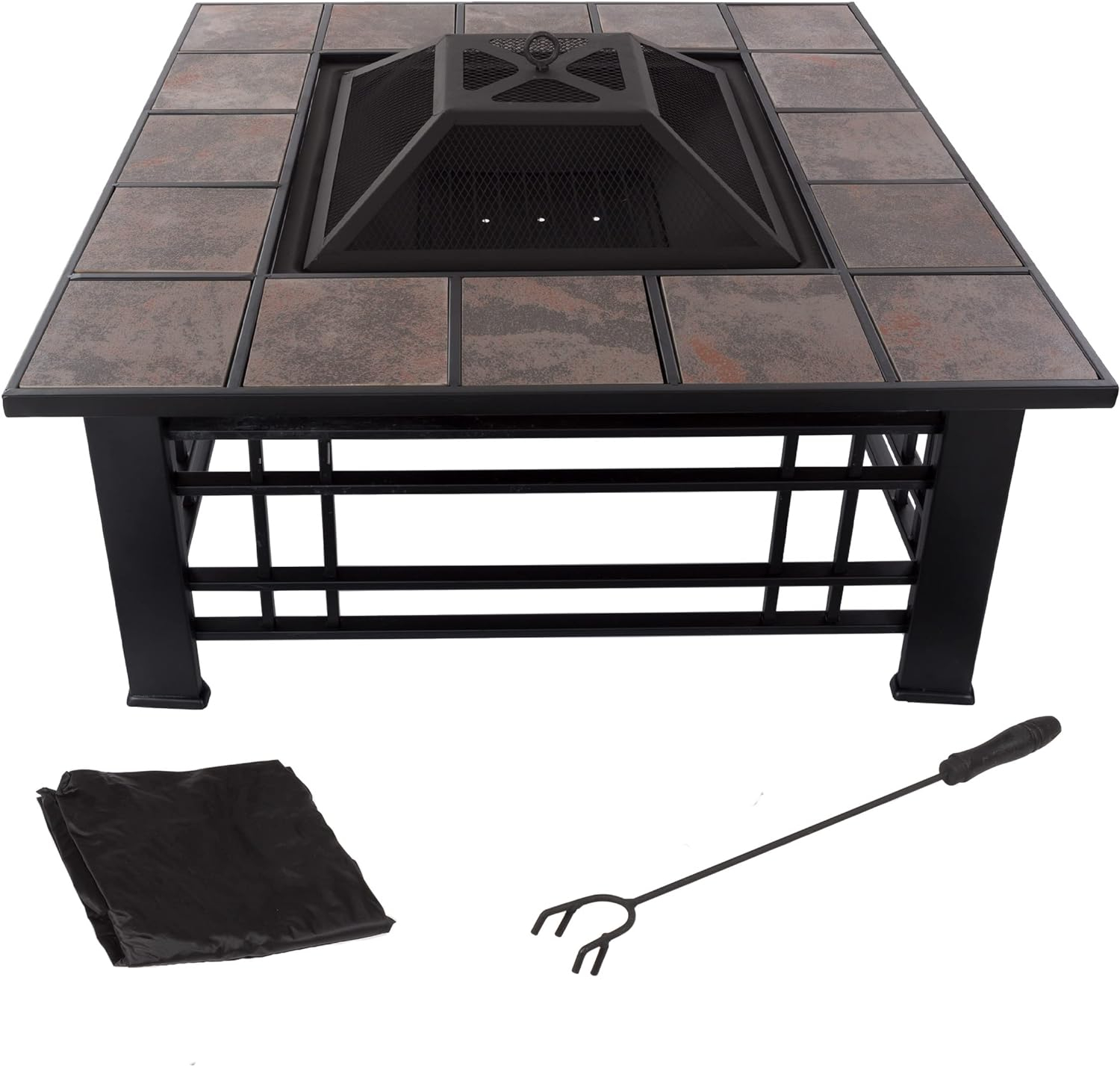 Pure Garden 32-Inch Outdoor Fire Pit with Screen, Cover, and Poker (Black)