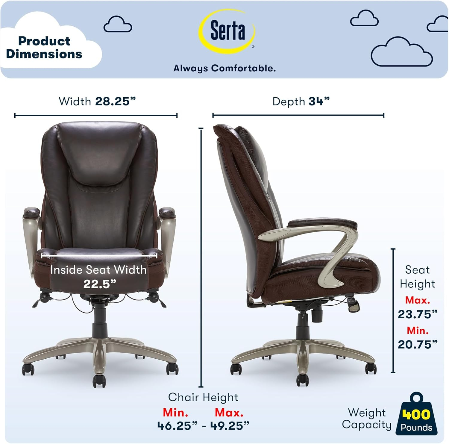 Serta® Smart Layers™ Hensley Big & Tall Ergonomic Bonded Leather High-Back Office Chair, Roasted Chestnut/Satin Nickel