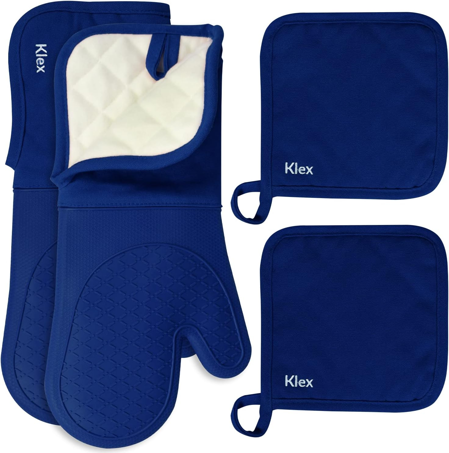 KLEX 15" Silicone Oven Mitts and Cotton Potholders 4pcs Set, 932°F Heat Resistance, Blue