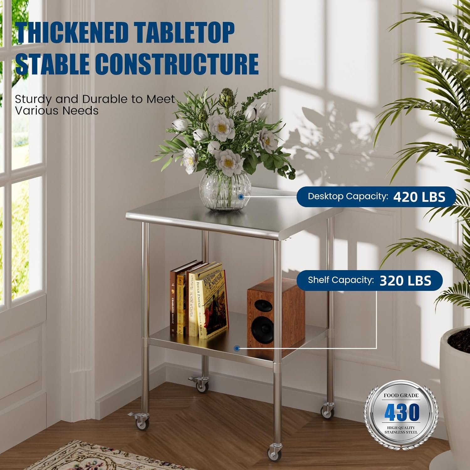 Heavy Duty Stainless Steel Kitchen Prep Table with Adjustable Undershelf and Wheels