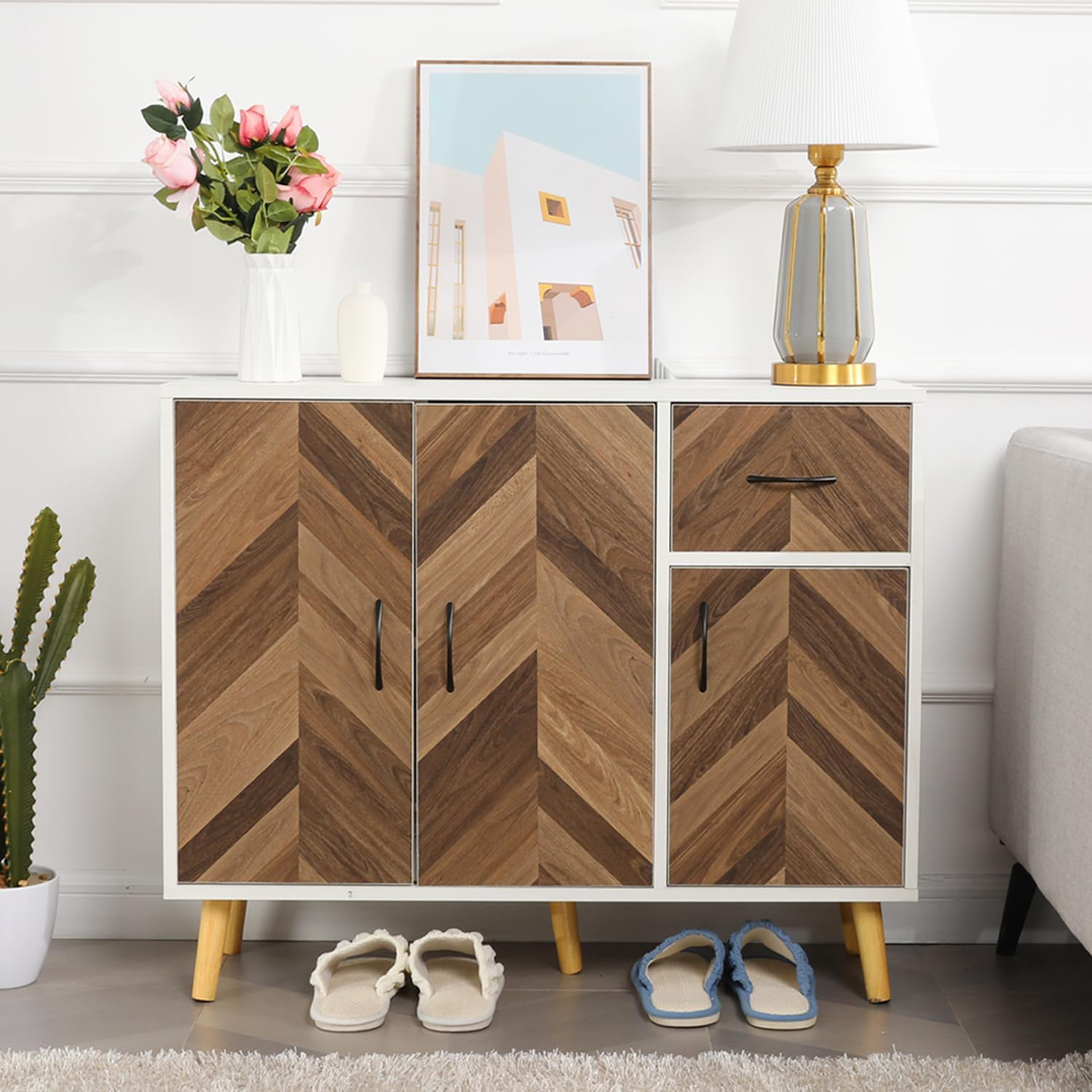 Accent Cabinet, Black Storage Cabinet with Doors Mid Century Modern Sideboard Buffet Cabinet with Storage Shelves Small Wood Accent Cabinets for Living Room Entryway Office, Brown Herringbone