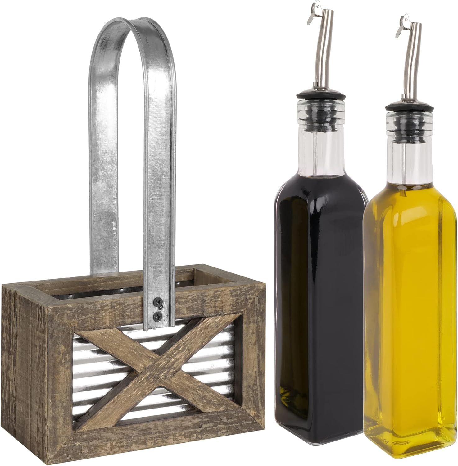 Autumn Alley Rustic Farmhouse Oil and Vinegar Dispenser Set with Galvanized Holder – Farmhouse Kitchen Decor