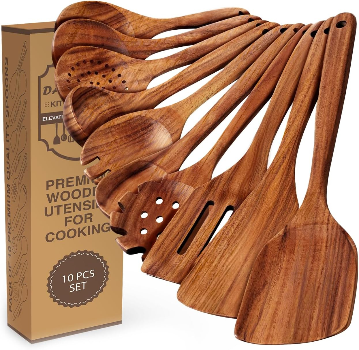 Wooden Spoons for Cooking, 10 Pcs Teak Wood Cooking Utensil Set ‚ Wooden Kitchen Utensils for Nonstick Pans & Cookware ‚ Sturdy, Lightweight & Heat Resistant