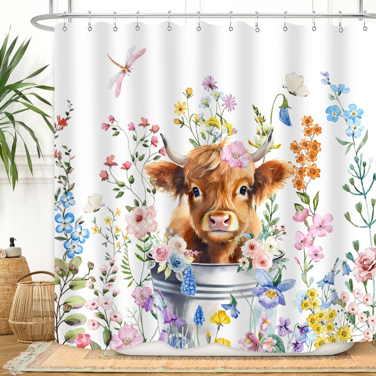 Cute Highland Cow Shower Curtain Watercolor Floral Spring Wildflower Funny Western Cattle Farm Animal Home Bathroom Decor Waterproof Fabric 72Lx72W Inch with 12PCS Hooks