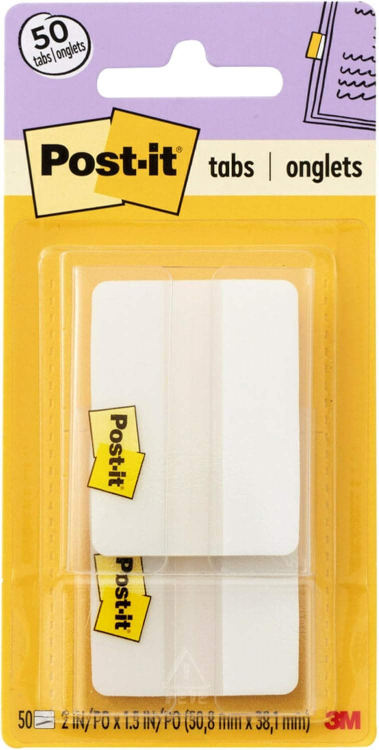 Post-it Tabs, 2 in, Solid, White, 25 Tabs/On-The-Go Dispenser, 2 Dispensers/Pack (686F-50WH)
