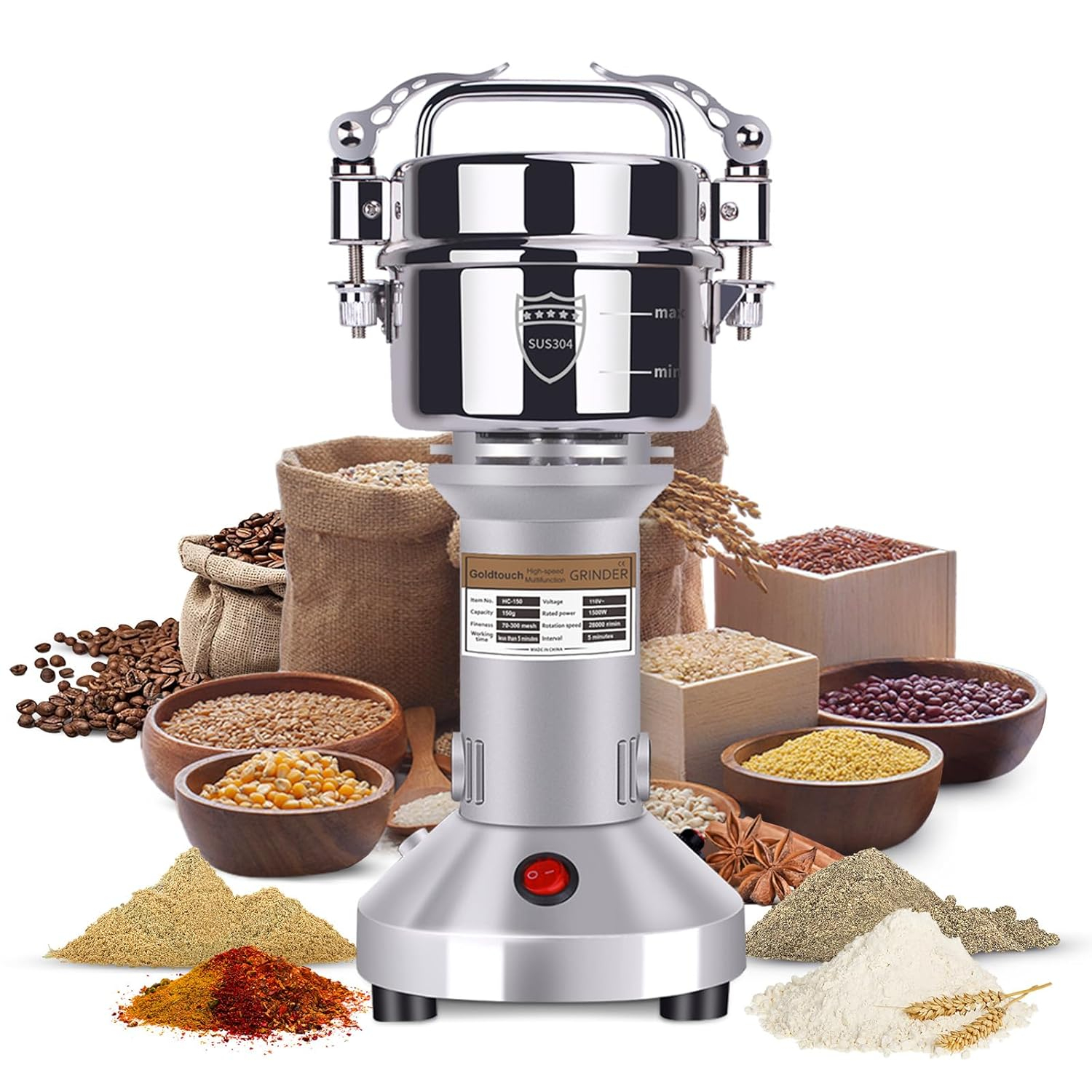 Goldtouch 150g Grain Mill Grinder 1500W Electric Stainless Steel Grain Grinder High-Speed Pulverizer Powder Machine for Dry Wheat, Oats, Corn, Pepper and Coffee Beans (150g Stand Type)