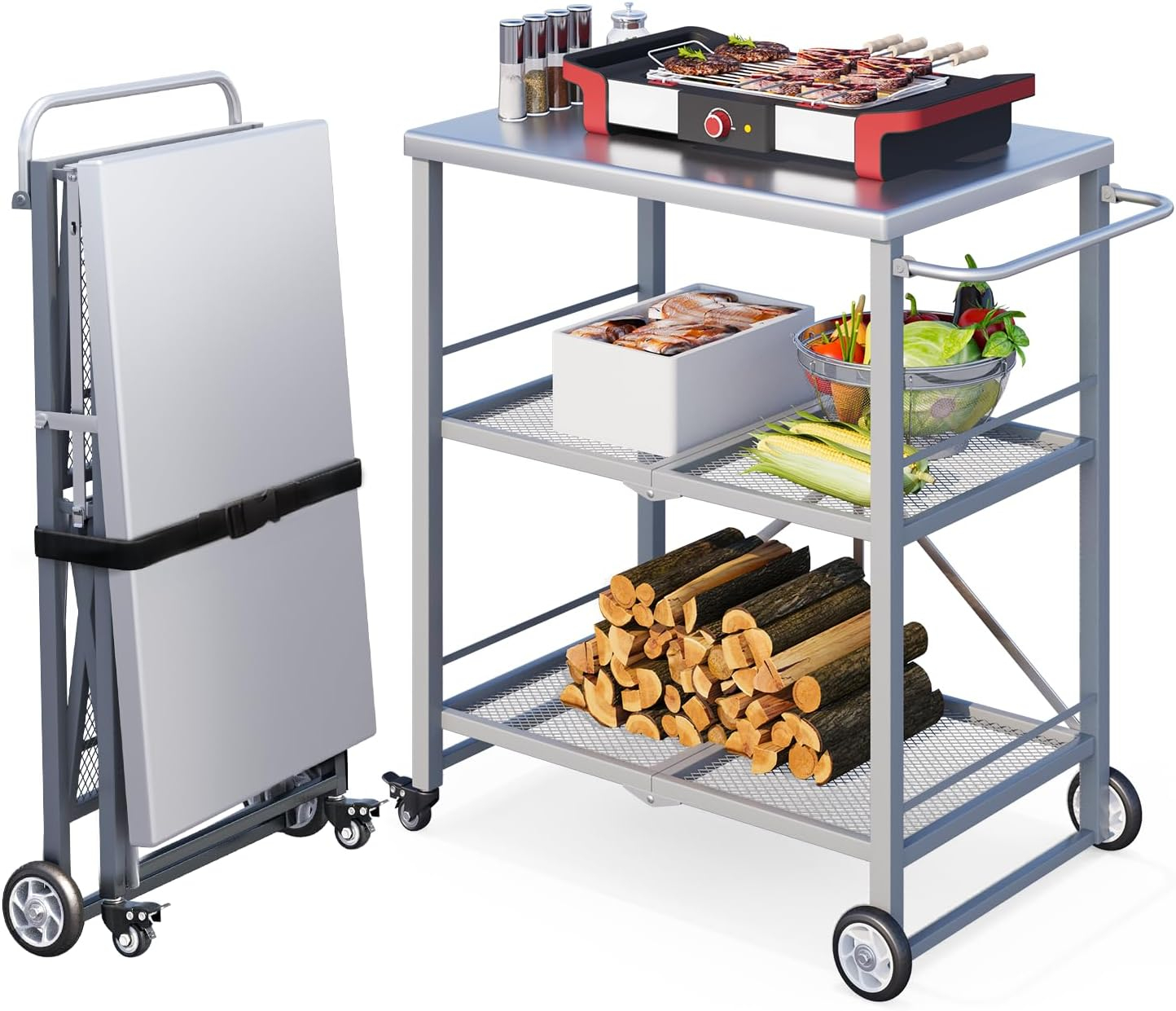 AECOJOY Outdoor Grill Table, Stainless Steel Pizza Oven Stand 3-Tier Folding BBQ Prep Table with Casters, Portable Kitchen Island for Apartment, Studio & Backyard Cooking, Gray