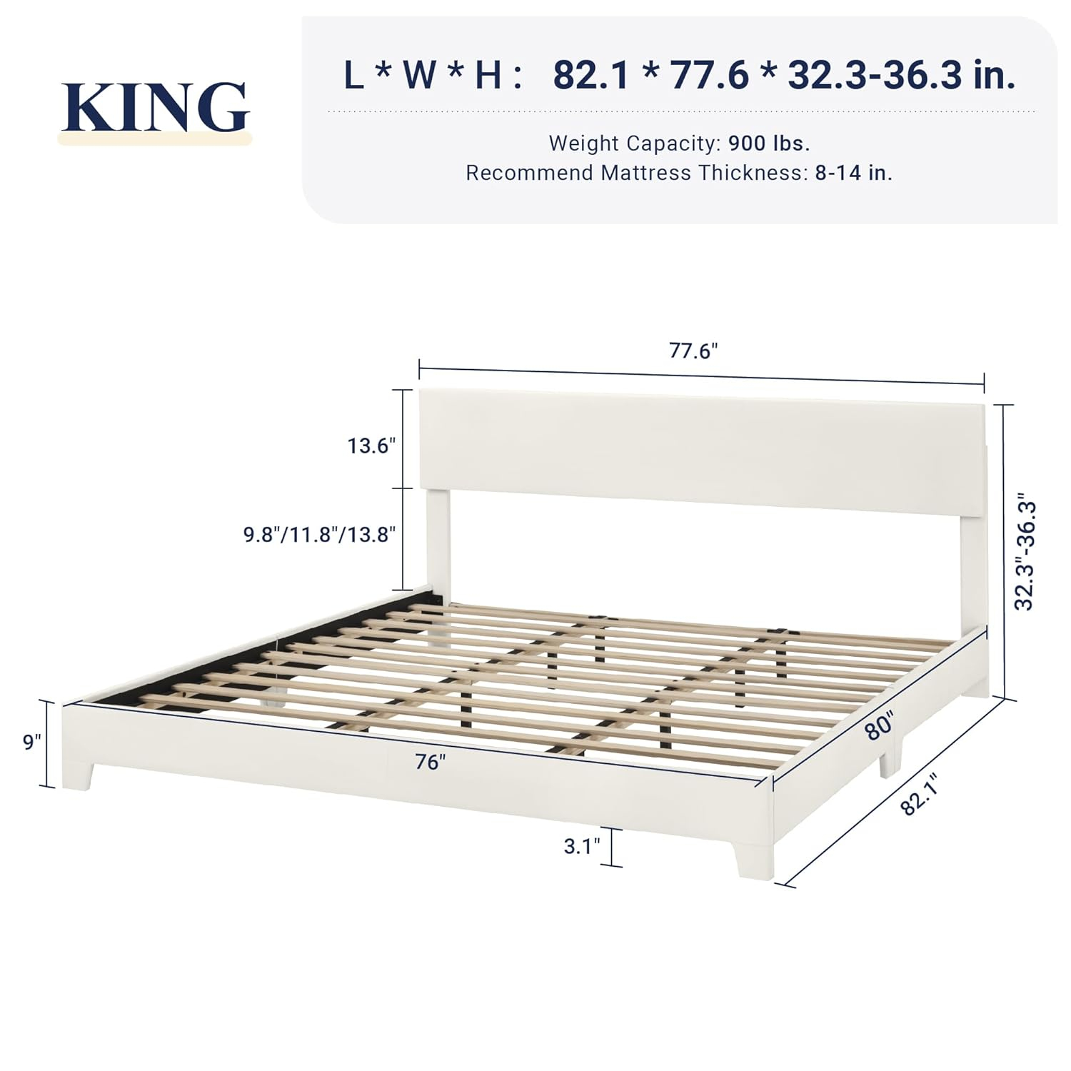 Allewie King Size Bed Frame with Adjustable Headboard, Faux Leather Platform Bed with Wood Slats, Heavy Duty Mattress Foundation, No Box Spring Needed, Noise-Free, Easy Assembly, White