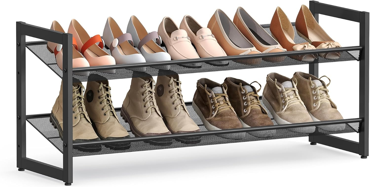SONGMICS Shoe Rack, 2-Tier Shoe Organizer, Metal Shoe Storage for Garage, Stackable Shoe Shelf, with Adjustable Flat or Angled Shelves, 8-10 Pairs, Ink Black ULMR002B01