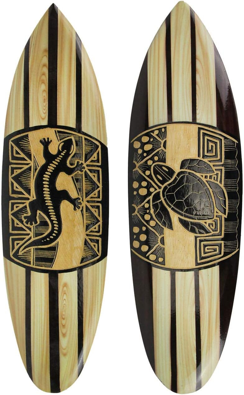 Chesapeake Bay Ltd Carved Wood Surfboards Tiki Lizard Turtle Wall Hanging Art (Set Of 2)