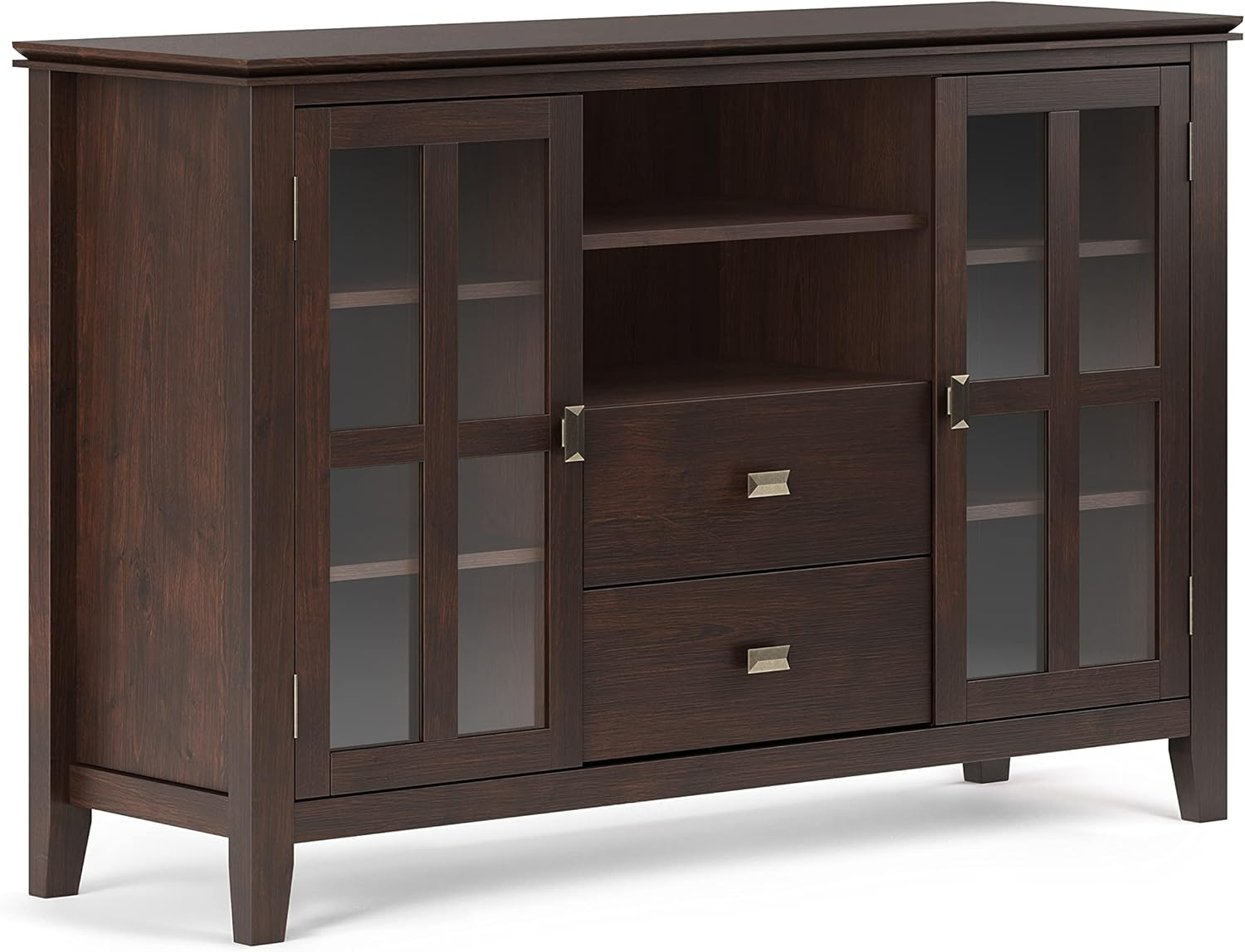 Simpli Home Artisan TV Media Stand in Dark Chestnut Brown