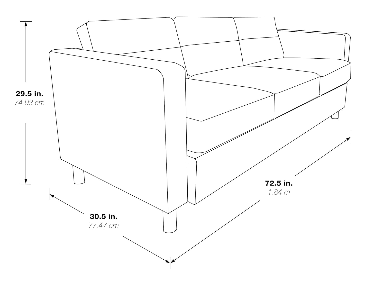 Modern Pacific Black Faux Leather Sofa with Silver Finish Legs