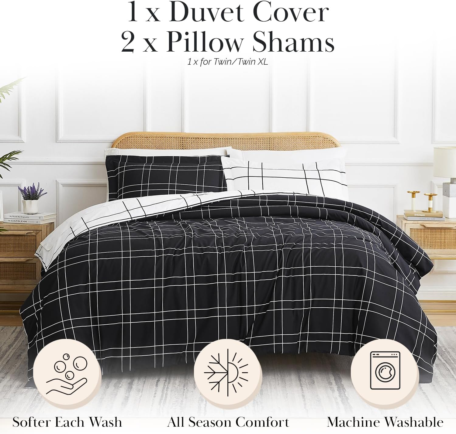 Southshore Fine Living, Inc. Urban Grid Collection Oversized King Duvet Cover Set, Printed Duvet Cover 3-Piece, Two Matching Shams (108 in Wide x 98 in Long), Black, King/California King