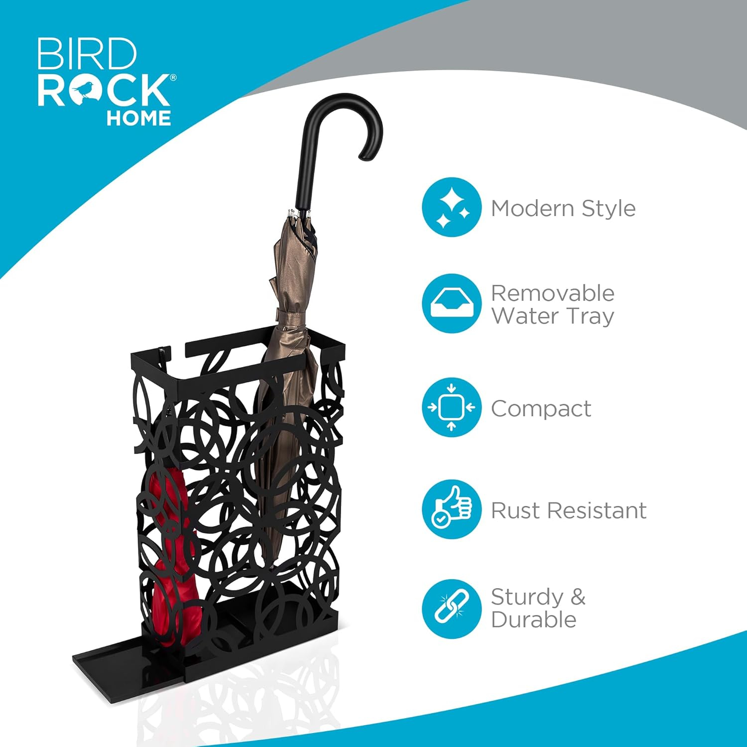 BIRDROCK HOME Decorative Umbrella Stand with Removable Water Tray - Large Metal Umbrella Rack and Cane Walking Stick Organizer for Entryway - Umbrella Holder for Indoor & Outdoor - Black, Circle