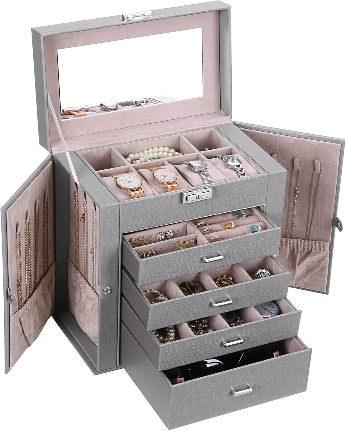 ANWBROAD Jewelry Box 5 Tier Jewelry Storage Organizer Jewelry Case with 4 Drawers with Mirror Lockable Jewelry Boxes for Women Gift for Loved Ones for Your Jewelry Sturdy UJJB003H