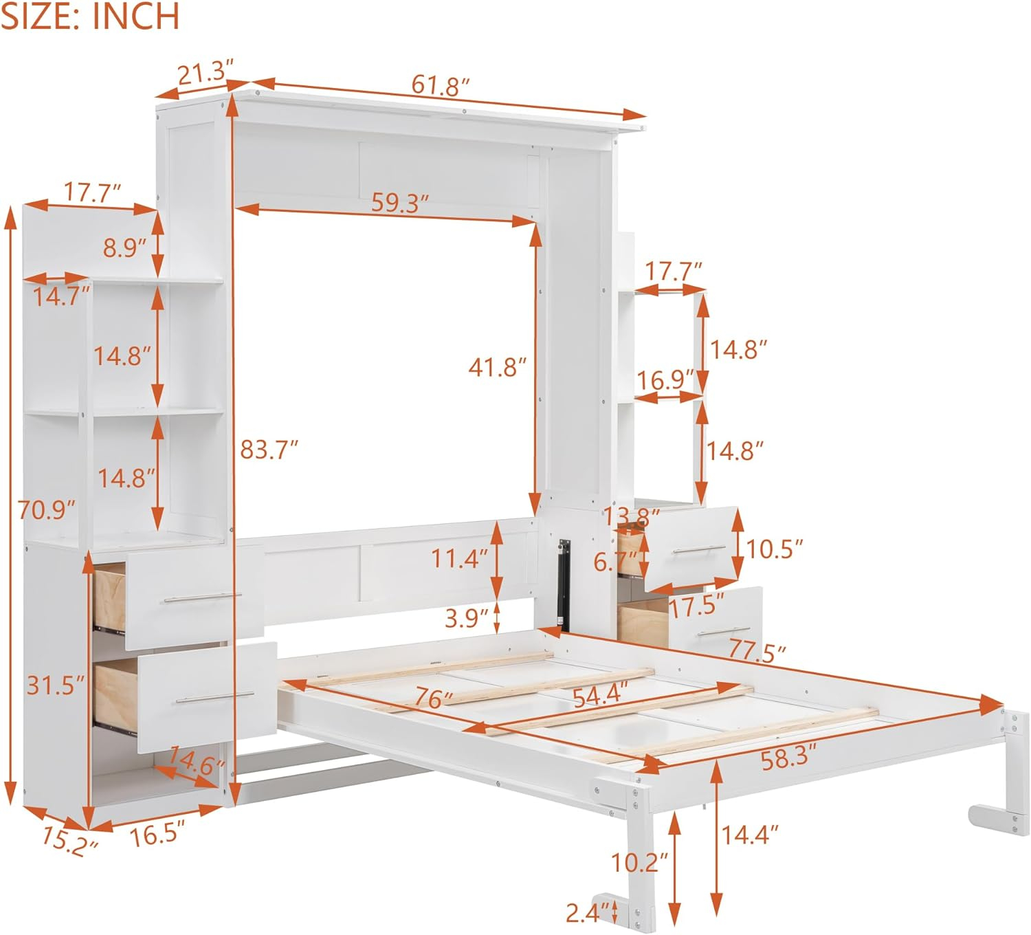 Full Size Murphy Bed, Transformable Bed Frame with Both Side Shelves, Drawers, Space-Saving Bed for Children, Teens, Adults, Noise-Free, No Box Spring Need, White