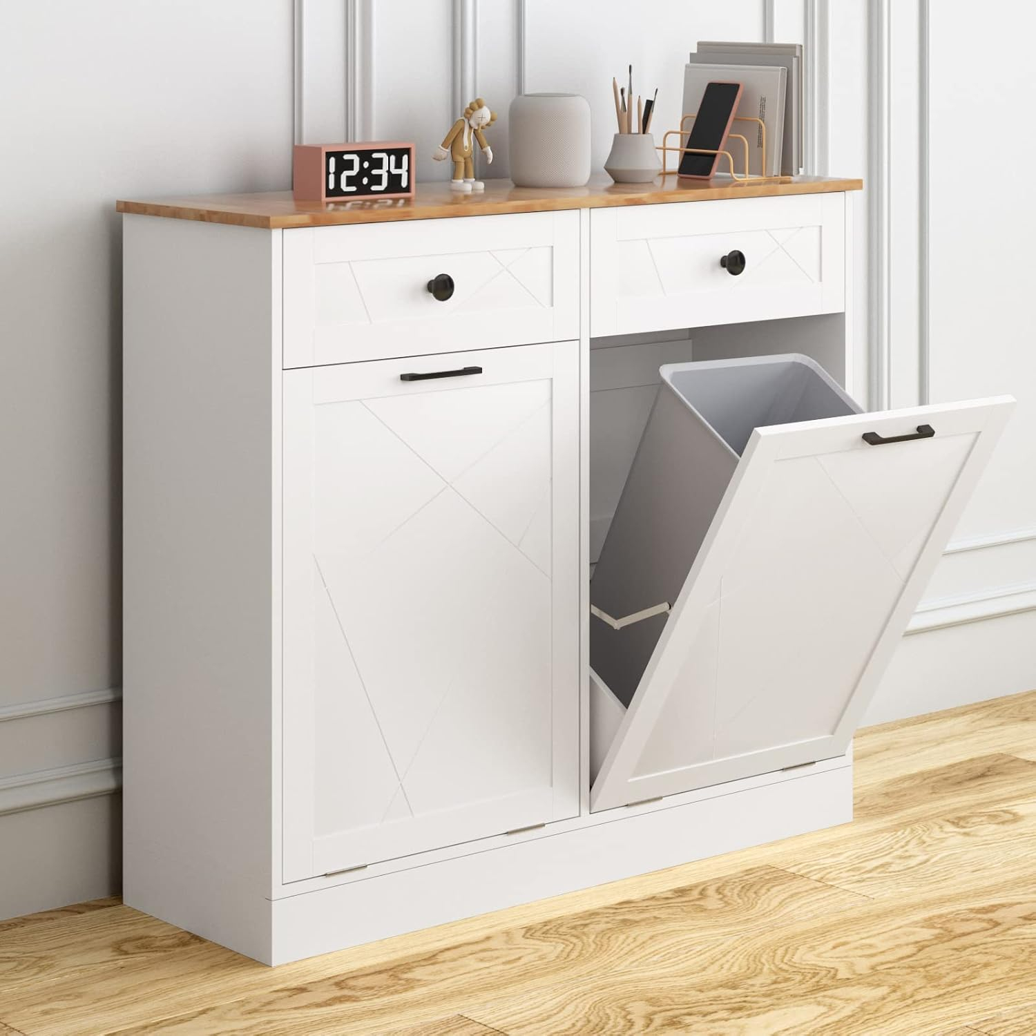 Vabches Kitchen Dual Tilt Out Trash Cabinet , Wood 10 Gal Garbage Cans Holder Drawers, White (Without Trash Bin)