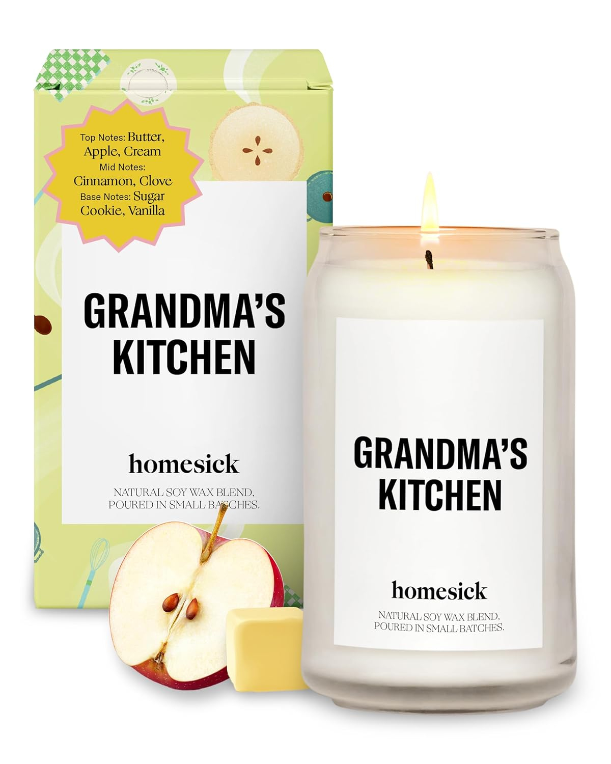 Homesick Scented Candles for Home (Grandma's Kitchen) - 13.75 oz Long-Lasting Natural Soy Wax Blend Jar Candle Gifts for Women & Men, 60-80 Hours Burn Time - Notes of Butter, Apple & Cream