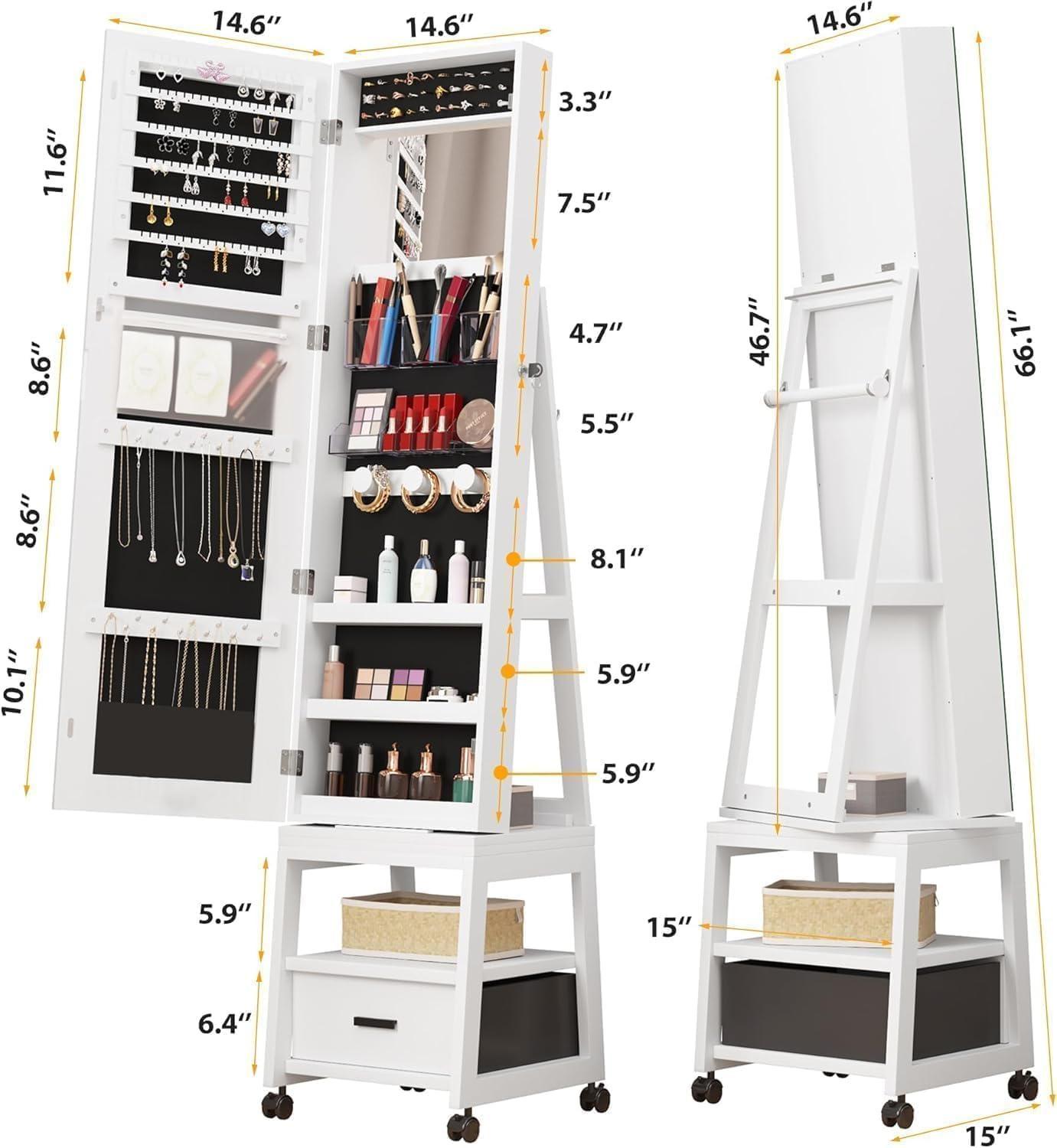 360°Swivel Jewelry Cabinet,Lockable Standing Jewelry Armoire with Mirror, Drawer and Wheels,Floor Dressing Mirror with Hidden Jewelry Storage for Bedroom, Dressing Room Clamshell