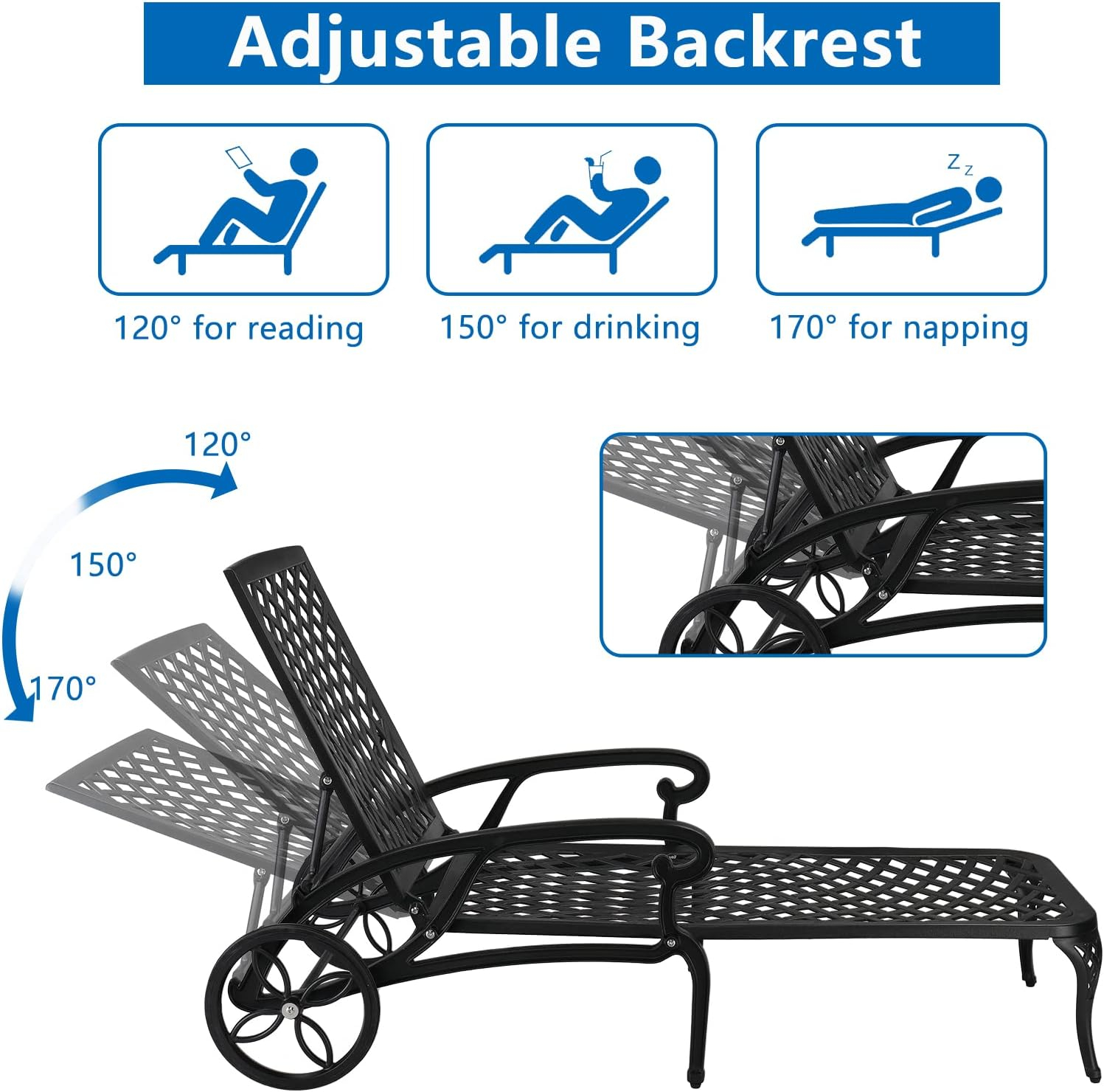 VINGLI Cast Aluminum Outdoor Chaise Lounge Chair with Wheels, Patio Chaise Lounge with 3-Position Adjustable Backrest, Outdoor Tanning Chair Patio Lounge Chair (Black, Without Cushion)