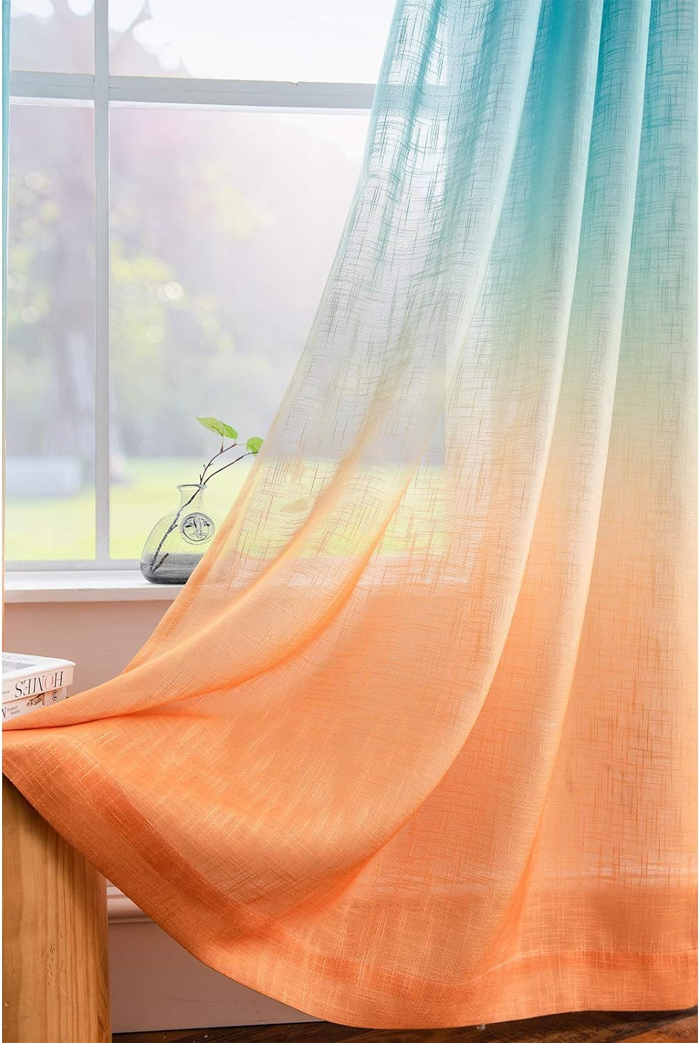 Melodieux Linen Textured Ombre Semi Sheer Curtains for Bedroom Living Room Kids Nursery Sunset Rod Pocket Gradient Drapes, Orange Green Teal Turquoise Mint, 52 x 63 Inch (2 Panels)