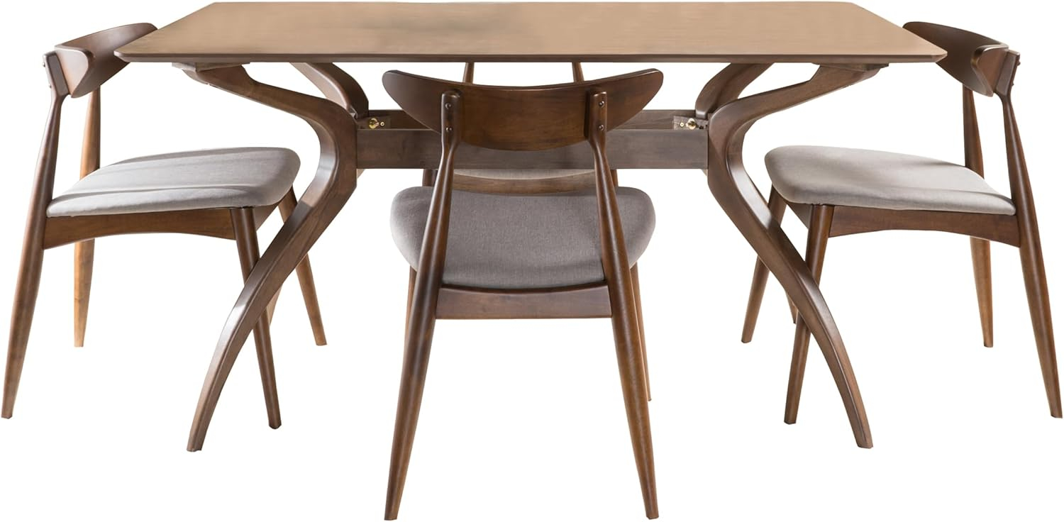 GDF Studio Wales Mid Century Modern Fabric Upholstered 5 Piece Dining Set, Light Gray and Walnut